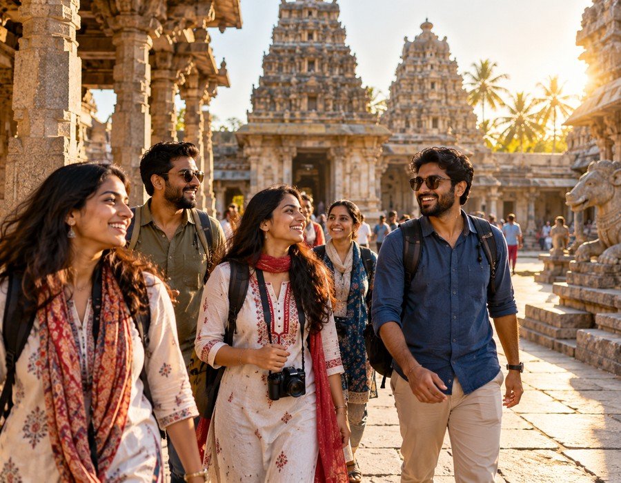 Travellers at a temple during a tour
