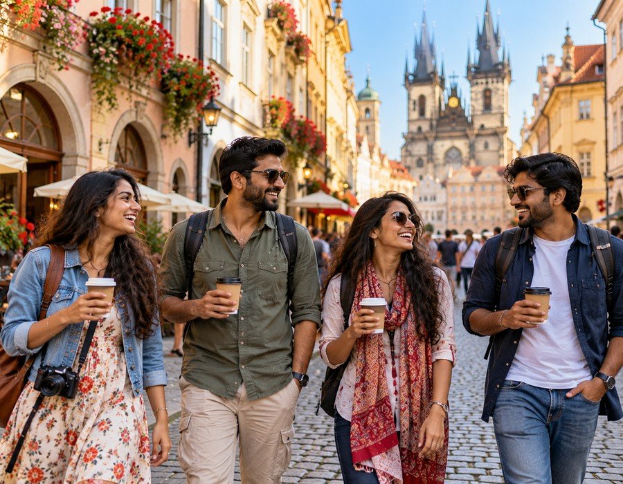 Travellers exploring a European city